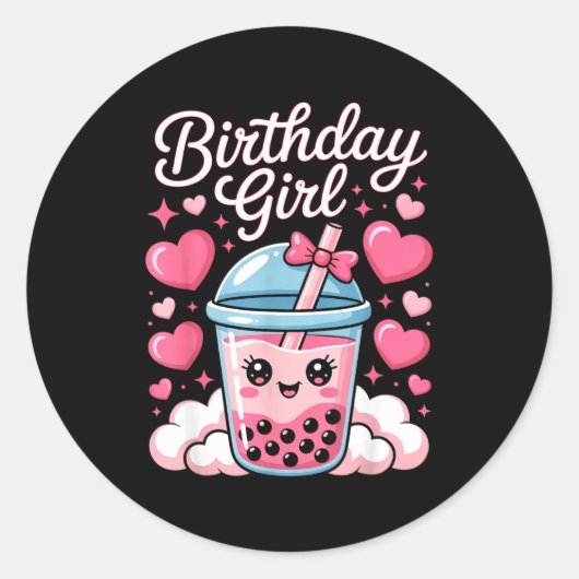 Happy Birthday Girl Cute Nk Bow Bubble Boba Tea An Runder Aufkleber (Vorderseite)