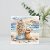 Happy Birthday Girl mit Welpe am Strand Karte (Stehend Vorderseite)