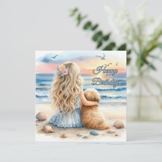Happy Birthday Girl mit Welpe am Strand Karte (Stehend Vorderseite)