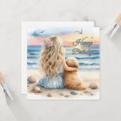 Happy Birthday Girl mit Welpe am Strand Karte (Vorderseite/Rückseite Beispiel)