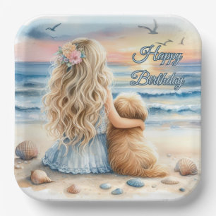 Happy Birthday Girl mit Welpe am Strand Pappteller
