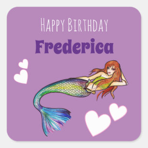 Happy Birthday Girl Rainbow Mermaid Illustration Quadratischer Aufkleber