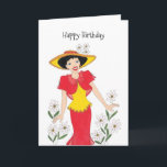 Happy Birthday Girlfriend Card Karte<br><div class="desc">Mädchen in einem hellroten und gelben Kleid und einem gelben Hut. Die Daisies sind überall um sie herum.</div>