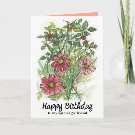 Happy Birthday Girlfriend Pink Cosmos Wildblumen Karte (Vorderseite)