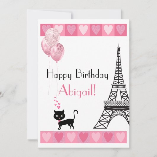 Happy Birthday Glitzer Pink Heart Eiffel Tower Cat (Vorderseite)