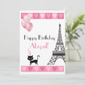 Happy Birthday Glitzer Pink Heart Eiffel Tower Cat (Stehend Vorderseite)