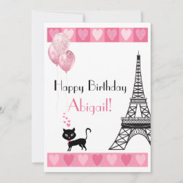 Happy Birthday Glitzer Pink Heart Eiffel Tower Cat
