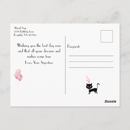 Happy Birthday Glitzer Pink Heart Eiffel Tower Cat Postkarte (Rückseite)