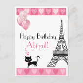 Happy Birthday Glitzer Pink Heart Eiffel Tower Cat Postkarte (Vorderseite)