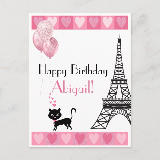 Happy Birthday Glitzer Pink Heart Eiffel Tower Cat Postkarte (Vorderseite)