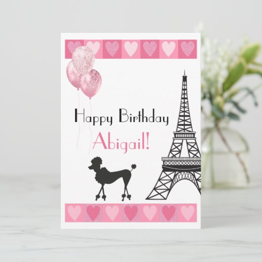 Happy Birthday Glitzer Pink Heart Eiffel Tower Dog (Stehend Vorderseite)