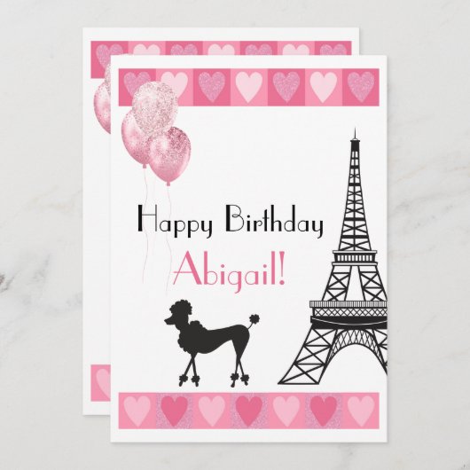 Happy Birthday Glitzer Pink Heart Eiffel Tower Dog (Vorne/Hinten)