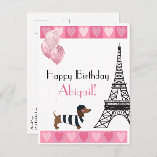 Happy Birthday Glitzer Pink Heart Eiffel Tower Dog Postkarte (Vorne/Hinten)