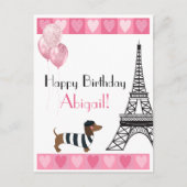 Happy Birthday Glitzer Pink Heart Eiffel Tower Dog Postkarte (Vorderseite)