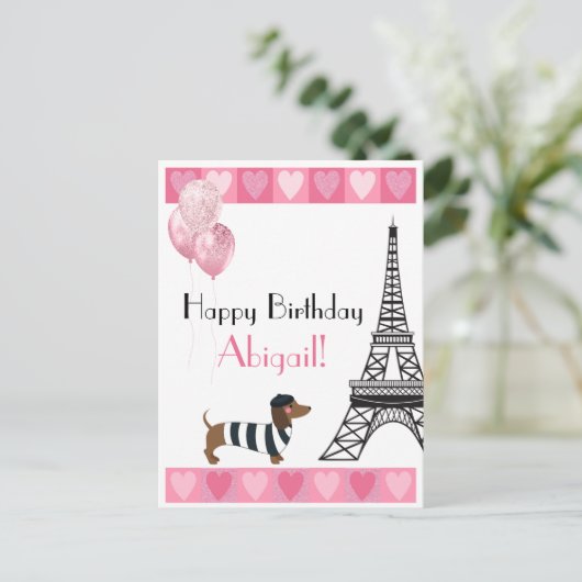 Happy Birthday Glitzer Pink Heart Eiffel Tower Dog Postkarte (Stehend Vorderseite)