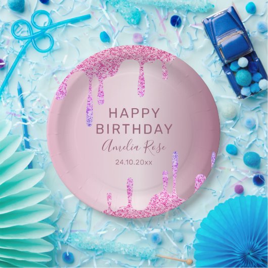 Happy Birthday Glitzer Tropfens Pink Metallic Pappteller (Party)