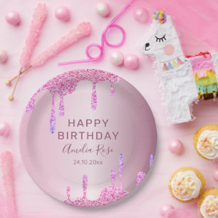 Happy Birthday Glitzer Tropfens Pink Metallic Pappteller