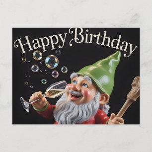 "Happy Birthday" Gnom mit Champagner und Luftblase Feiertagspostkarte