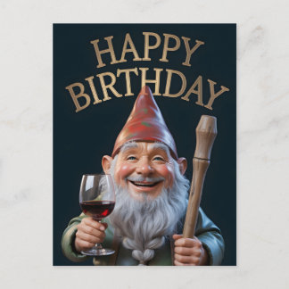 "Happy Birthday" Gnom mit Rotwein Toastend Postkarte
