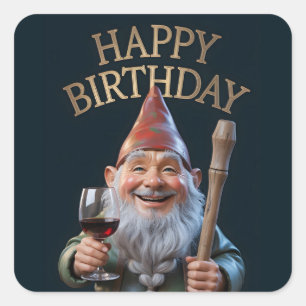 "Happy Birthday" Gnom mit Rotwein toastend Quadratischer Aufkleber