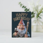 "Happy Birthday" Gnome Toasting with Red Wine Postkarte (Stehend Vorderseite)