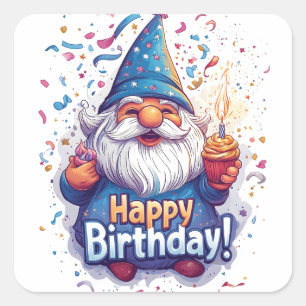 Happy Birthday Gnome: Whimsical Birthday Design Quadratischer Aufkleber