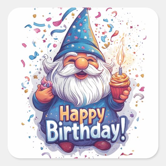 Happy Birthday Gnome: Whimsical Birthday Design Quadratischer Aufkleber (Vorderseite)