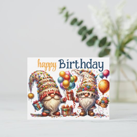 Happy Birthday Gnomes Postkarte (Stehend Vorderseite)