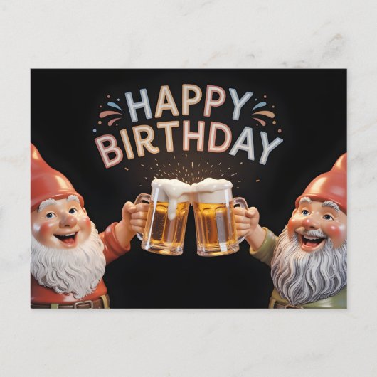 "Happy Birthday" Gnomes Toasting Beer Mugs Postkarte (Vorderseite)