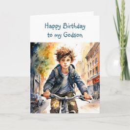 Happy Birthday Godson | Junge auf dem Fahrrad in d Karte
