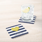 Happy Birthday Gold Heart Blue White Stripes Untersetzer (Vor Ort)