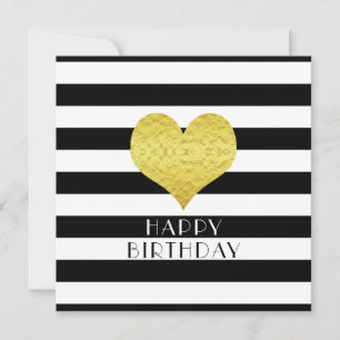 Happy Birthday Gold Heart Schwarz-weiße Streifen Feiertagskarte