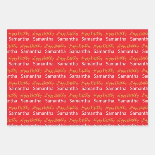 Happy Birthday Gold Script Bright Red White Name Geschenkpapier Set (Vorderseite)
