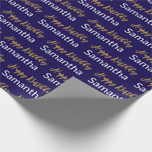 Happy Birthday Gold Script Dark Blue White Name Geschenkpapier (Ecke)