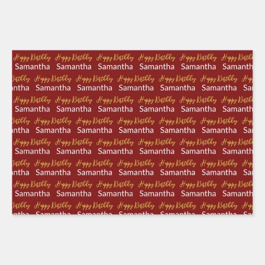 Happy Birthday Gold Script dunkelrot und weiß Name Geschenkpapier Set (Vorderseite 3)