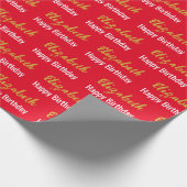 Happy Birthday Gold Script Name Bright Red & White Geschenkpapier (Ecke)