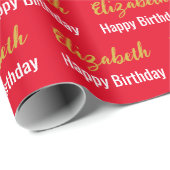 Happy Birthday Gold Script Name Bright Red & White Geschenkpapier (Rolleneckpunkt)
