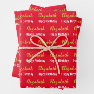 Happy Birthday Gold Script Name Bright Red & White Geschenkpapier Set