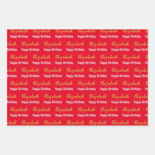 Happy Birthday Gold Script Name Bright Red & White Geschenkpapier Set (Vorderseite)