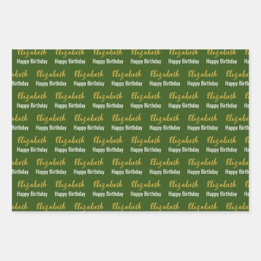 Happy Birthday Gold Script Name Dark Green & White Geschenkpapier Set (Vorderseite 3)