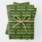 Happy Birthday Gold Script Name Dark Green & White Geschenkpapier Set (Beispiel)