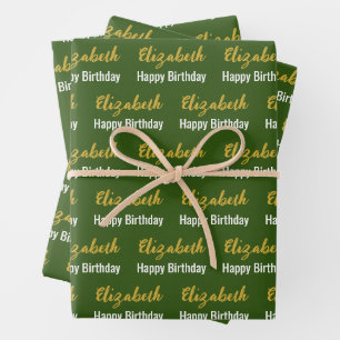 Happy Birthday Gold Script Name Dark Green & White Geschenkpapier Set