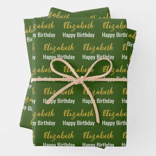 Happy Birthday Gold Script Name Dark Green & White Geschenkpapier Set (Beispiel)