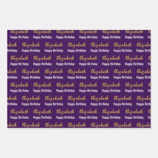 Happy Birthday Gold Script Name Dark Lila White Geschenkpapier Set (Vorderseite)