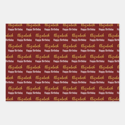 Happy Birthday Gold Script Name Dark Red & White Geschenkpapier Set (Vorderseite 3)
