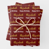 Happy Birthday Gold Script Name Dark Red & White Geschenkpapier Set (Beispiel)