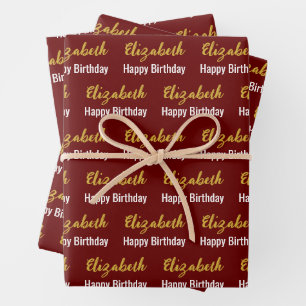 Happy Birthday Gold Script Name Dark Red & White Geschenkpapier Set