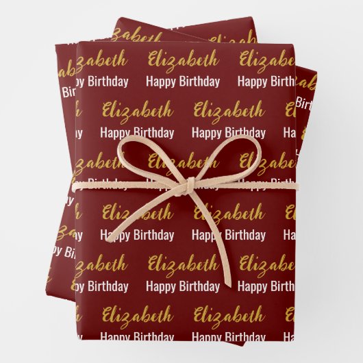 Happy Birthday Gold Script Name Dark Red & White Geschenkpapier Set (Beispiel)