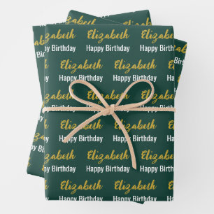 Happy Birthday Gold Script Name Deep Green Geschenkpapier Set