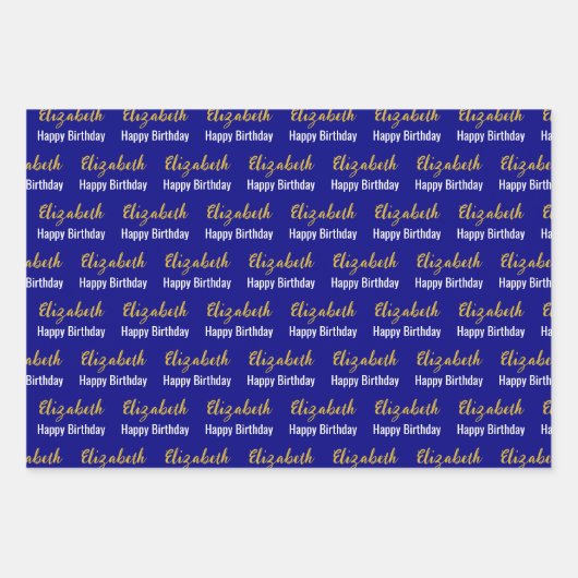 Happy Birthday Gold Script Name Navy Blue & White Geschenkpapier Set (Vorderseite 3)